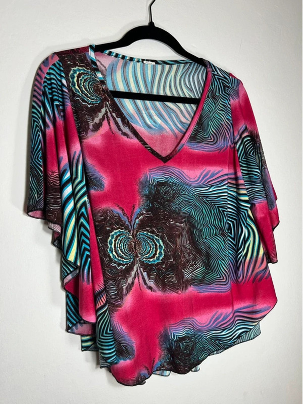Y2K Frilly Butterfly Hot Pink Abstract Graphic Wing Sleeve Top